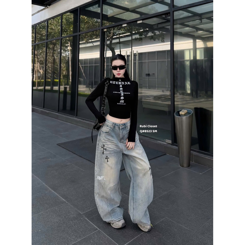 Quần jeans đính đá dáng bom thụng QCL1 (#8523)