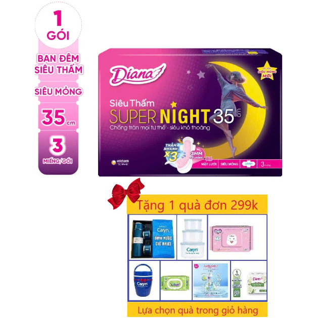 (3 Miếng/Gói) - 1 Gói Băng Vệ Sinh Diana Super Night 35cm ban đêm 3 miếng- Date luôn mới