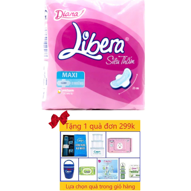 HCM- Combo 6 Gói Băng Vệ Sinh Diana Libera Siêu Thấm Maxi Cánh (Libera Dày Cánh) 23cm- 8 Miếng/Gói -