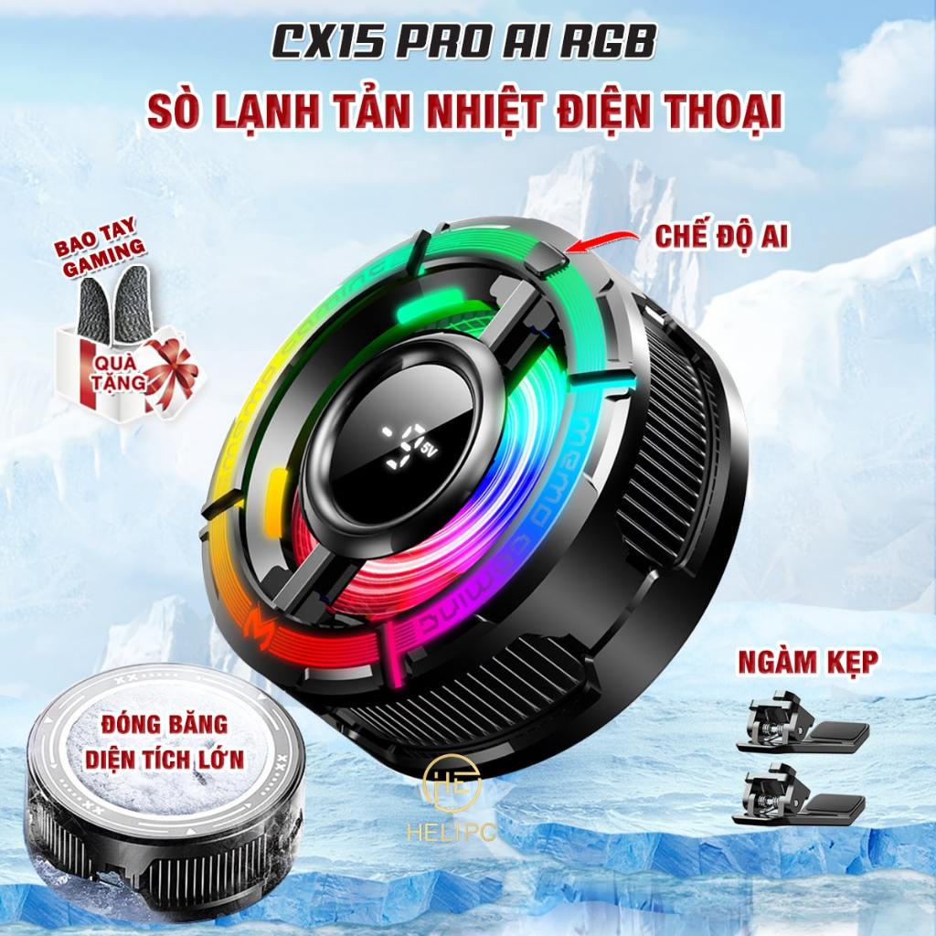 Sò lạnh tản nhiệt điện thoại CX15 Pro AI RGB Gaming quạt từ tính thế hệ mới đóng băng bề mặt