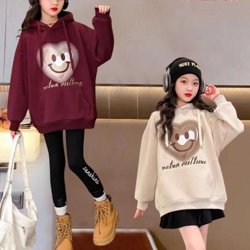áo hoodie cho bé, áo nỉ bông có mũ in hình trái tim mặt cười siêu dễ thương size từ 14-45kg Châu Fas