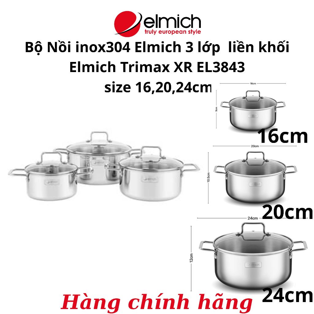 Bộ nồi inox304 Elmich trimax 3 lớp liền khối EL3843 size nồi 16,20,24cm nấu trên mọi loại bếp