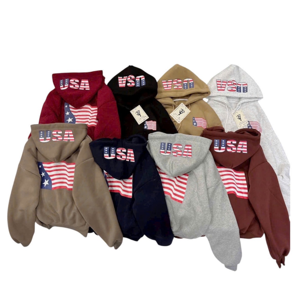 Áo Hoodie Nỉ Bông Khóa Zip in NỔI Chữ USA Form Rộng Basic Nam Nữ Unisex Phong Cách Genz Ulzzang NUPA
