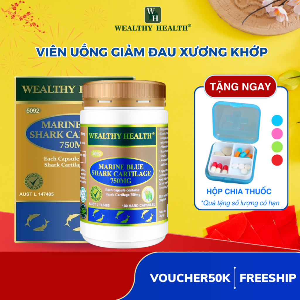 Viên uống giảm đau xương khớp Wealthy Health Marine Blue Shark Cartilage Capsules 750MG Úc 100 viên