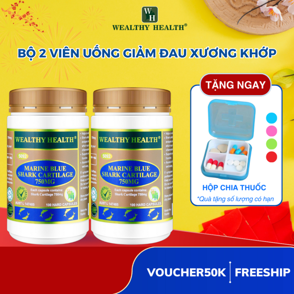 Combo 2 bổ xương khớp sụn cá mập biển xanh Wealthy Health Marine Blue Shark Cartilage Capsules 750MG