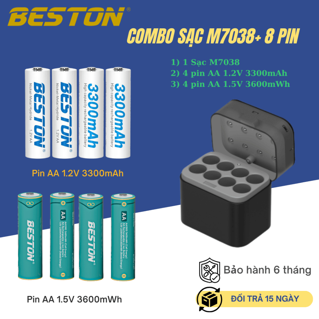Combo sạc M7038+8 Pin sạc AA 1.2V & 1.5V thương hiệu Beston, dùng cho thiết bị điện, đồ chơi...