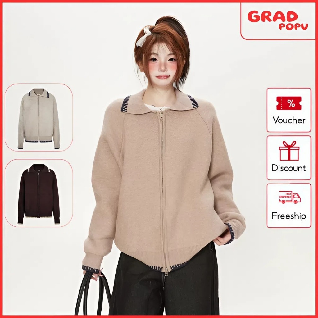 Áo khoác len GRADPOPU dệt kim cao cấp kiểu phối màu cổ điển Shikuo dáng rộng rãi thoải mái AK300