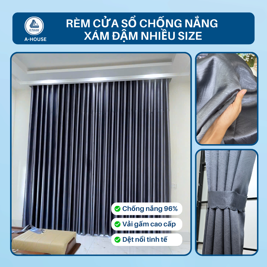 Rèm Cửa Sổ Xám Sang Trọng [A-HOUSE] Gấm Cao Cấp loại 1, Chống nắng 96%, Trang Trí phòng chung cư M1