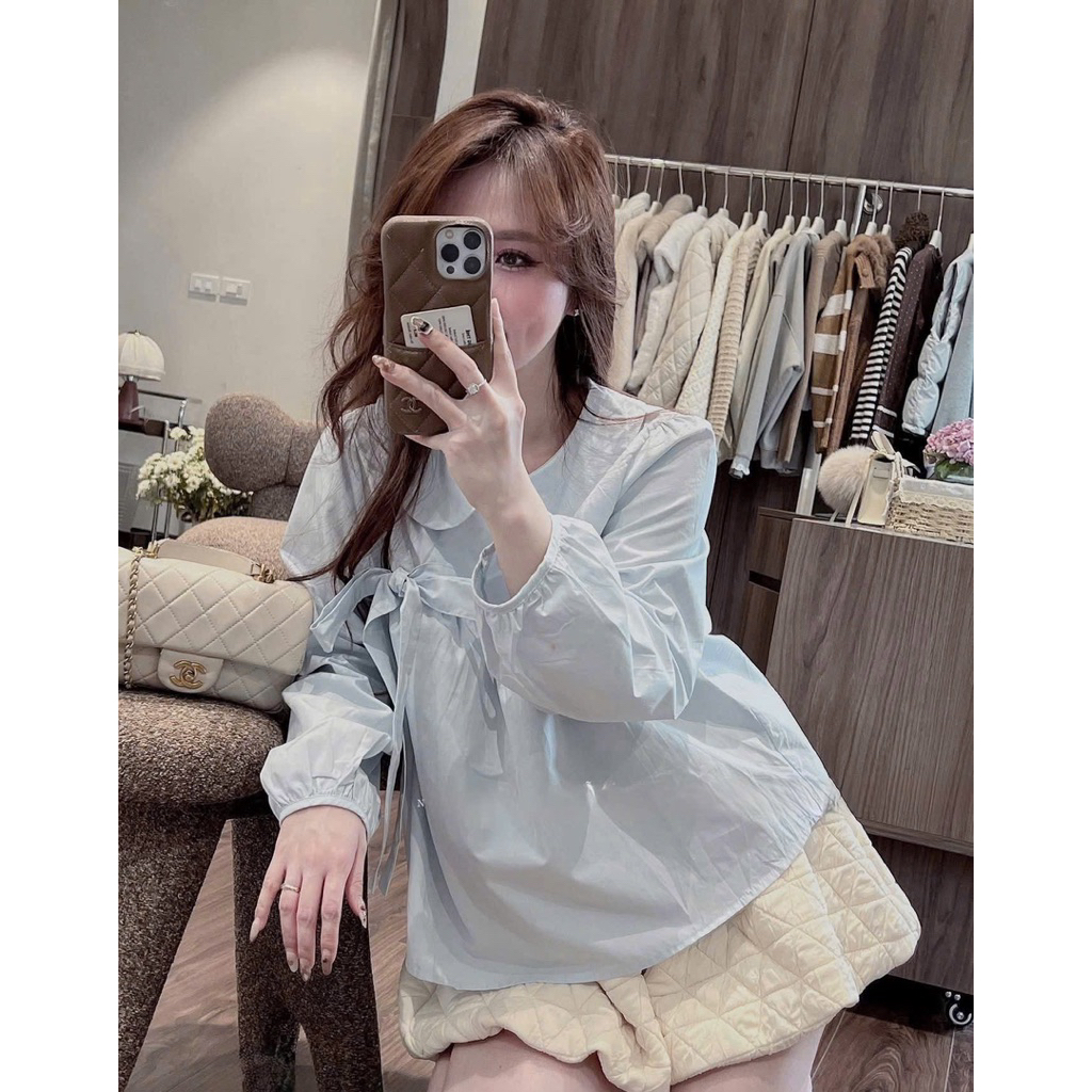 Áo baby doll dài tay cổ sen phối dây nơ lệch chất thô by Cimie Closet