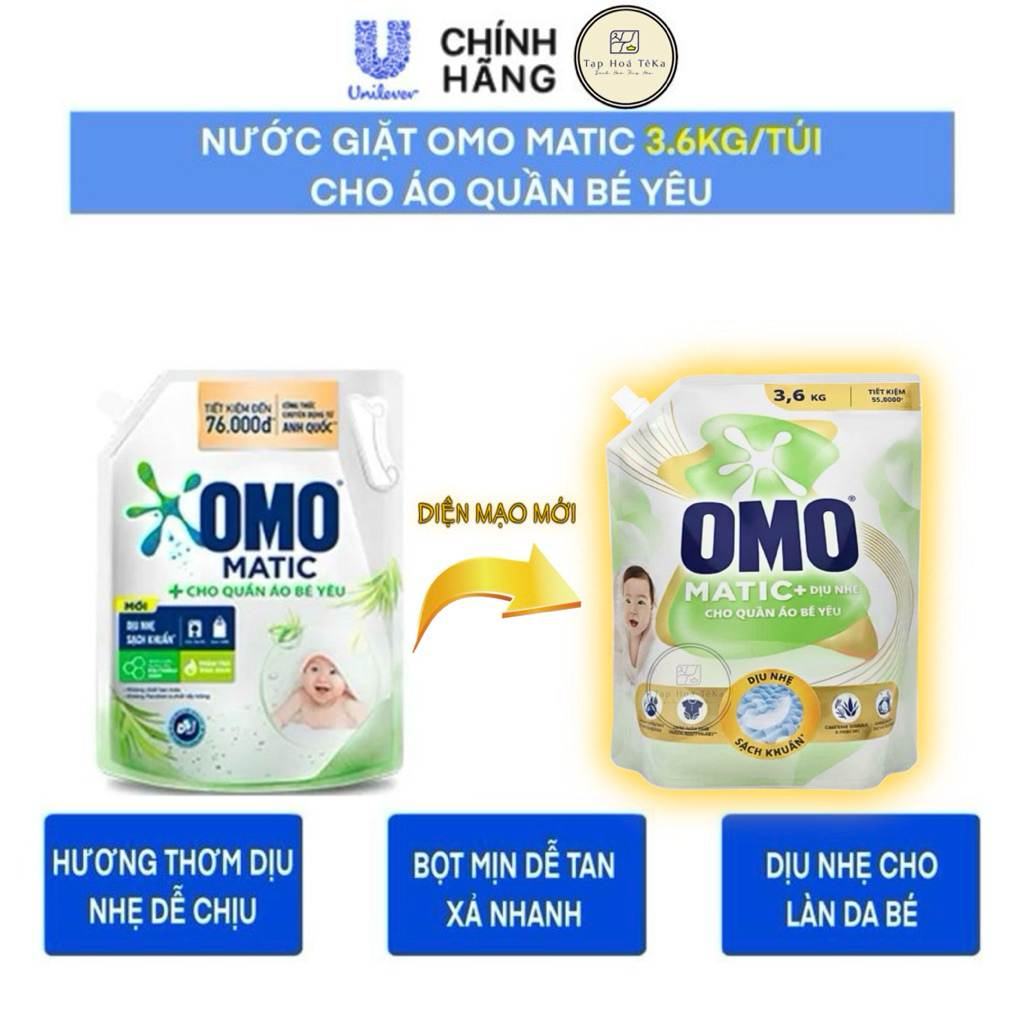 Nước Giặt OMO Matic 3.6KG/Túi Cho Quần Áo Bé Yêu
