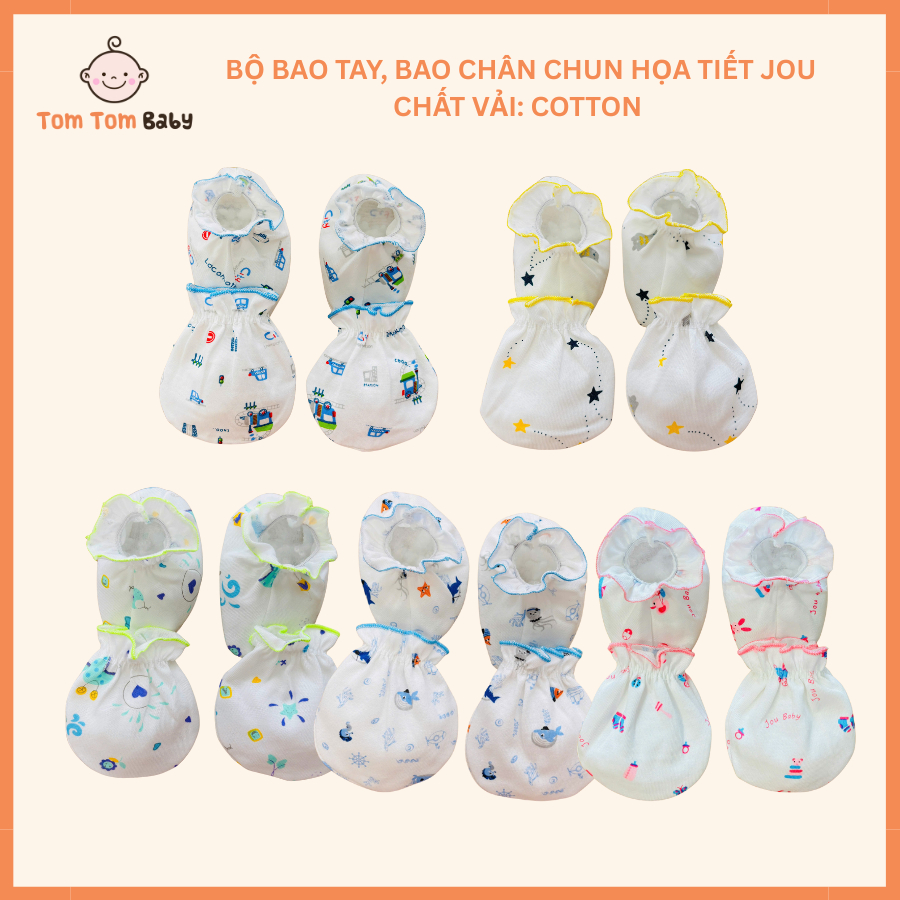 Bộ bao tay, Bao chân sơ sinh Cotton Chun Họa Tiết trắng JOU mềm mại, bo chun co giãn tốt
