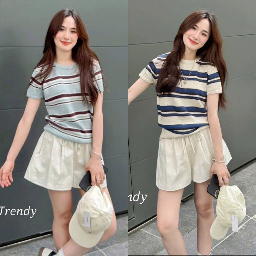 Áo Len Nữ Tay Ngắn Sọc Ngang Lavie's Storess – Áo Thun Len Mỏng Form Suông Hàn Quốc