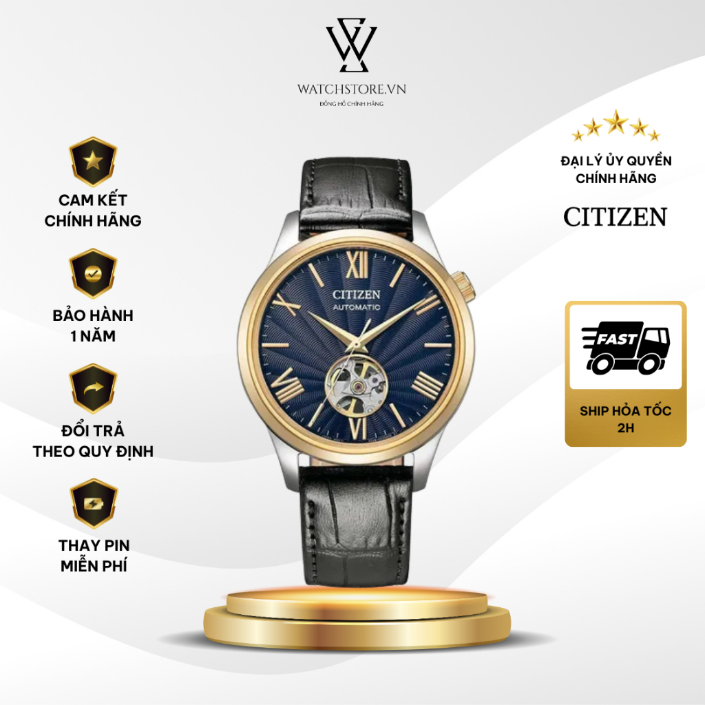 Đồng Hồ Nam Citizen Open Heart NH9136-02L Màu Xanh Viền Vàng Mặt Kính Sapphire 40mm Kháng Nước Dây D