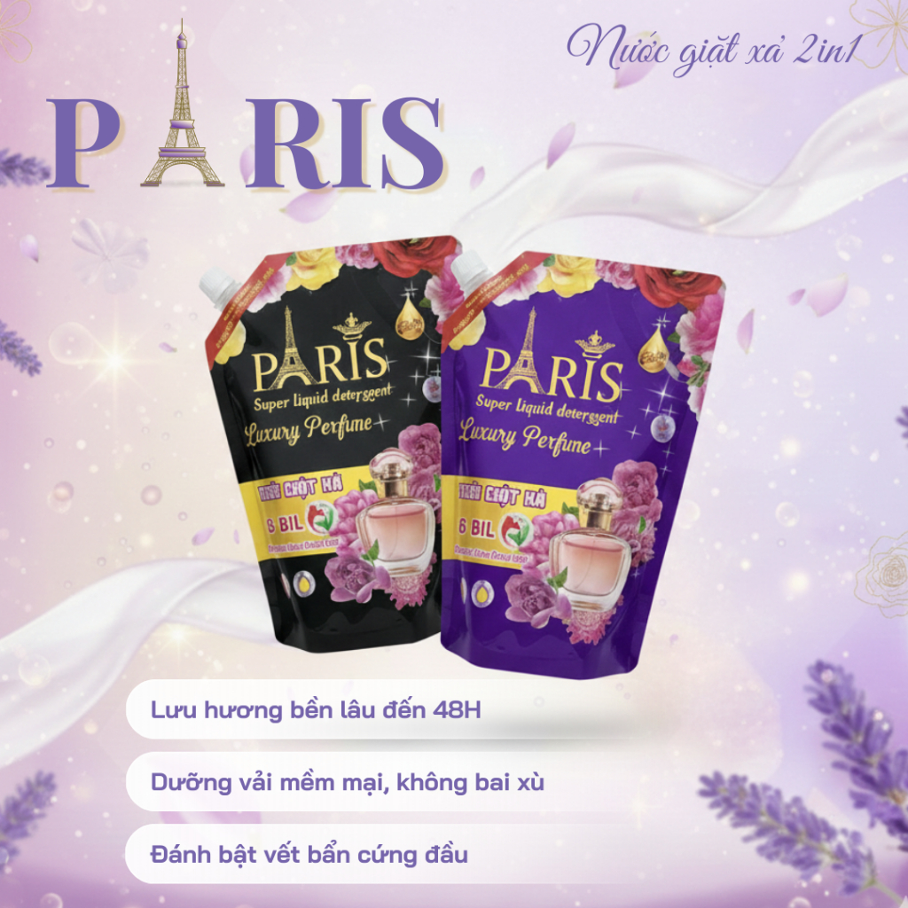Nước Giặt Xả Paris 1L Hương Nước Hoa Diu Nhẹ Lưu Hương 48h An Toàn Cho Da túi 1000ML