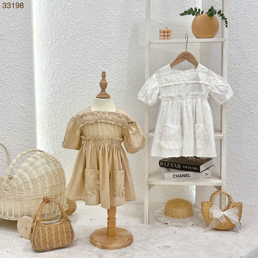 Váy Bé Gái Tiểu Thư Vintage Tay Phồng Cotton Mịn Xuất Hàn - 3Bros