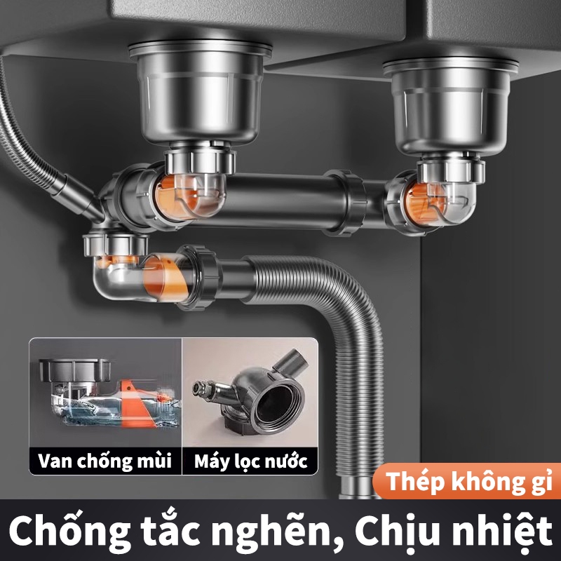Bộ xả bồn rửa chén -chậu rửa chén đôi ống inox và co đồng - không lo chuột cắn, chất tẩy rửa