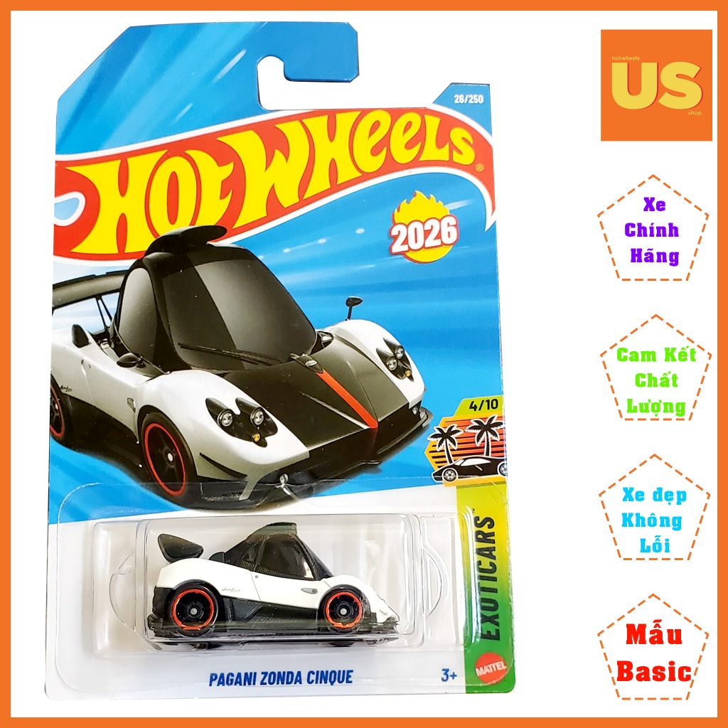 Xe Mô Hình Hot Wheels Pagani Zonda Cinque Tooned 2026 Siêu Cute – Chính Hãng US (Card Thường)