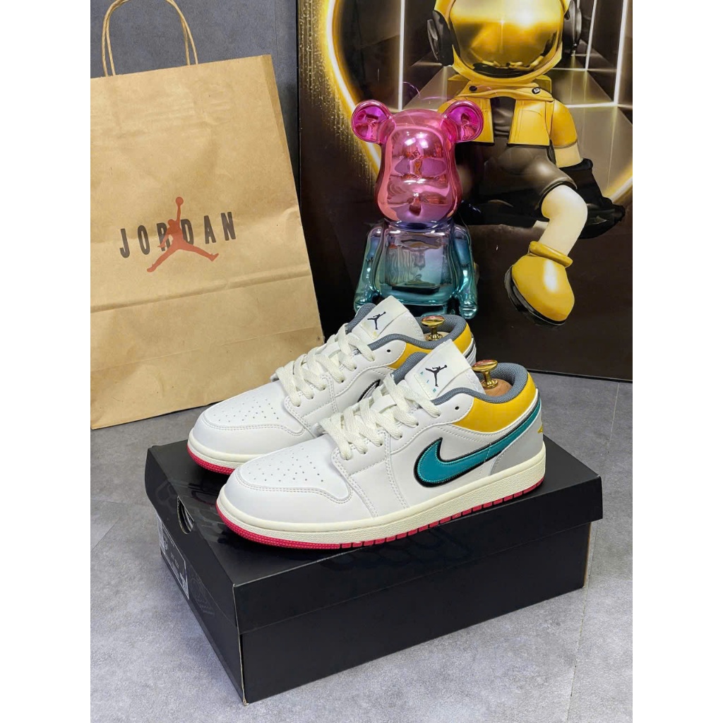 Giày JD 1 Low White Yellow Navy – JD1 Low Trắng Phối Vàng Xanh, Sneaker Unisex Da Cao Cấp