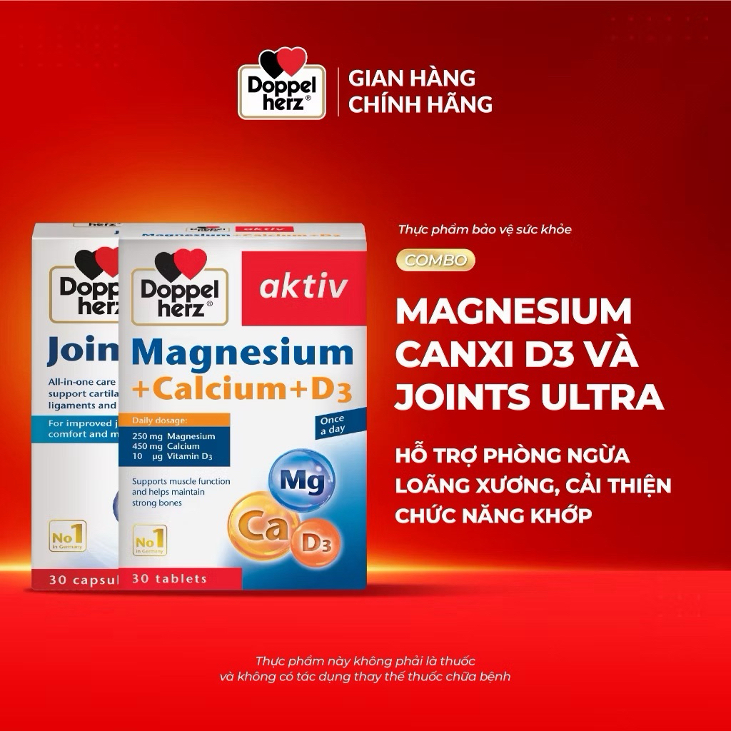 Combo bổ sung Canxi phòng ngừa loãng xương, cải thiện chức năng khớp Doppelherz Magnesium Canxi D3 +