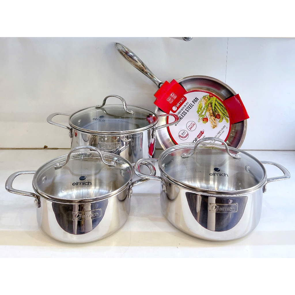 Bộ nồi inox liền khối Elmich Trimax classic EL2136OL04 size 16,20,24 chảo inox liền khối 24cm