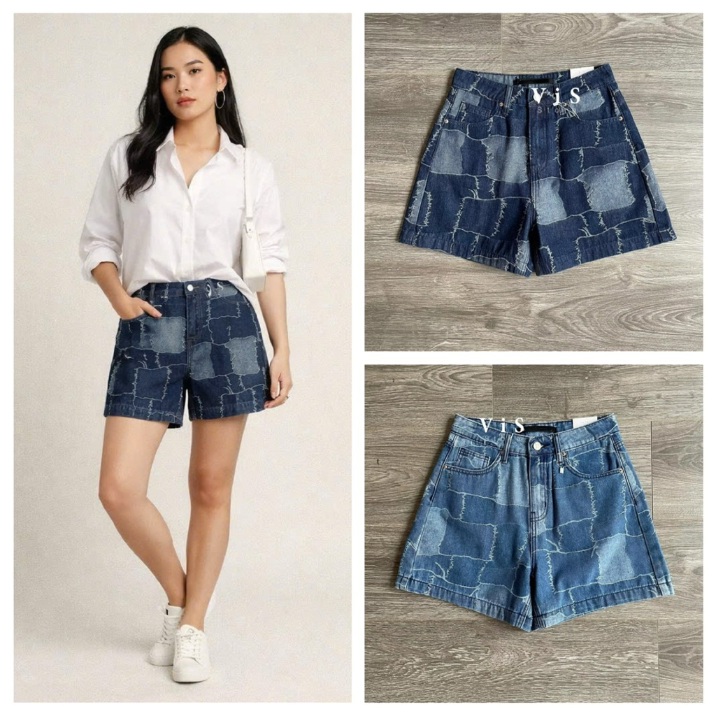 Vis Store - Quần short jean nữ ngắn caro
