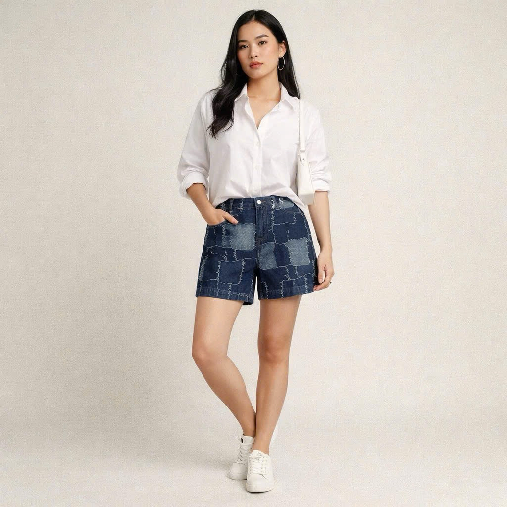 Vis Store - Quần short jean nữ ngắn caro