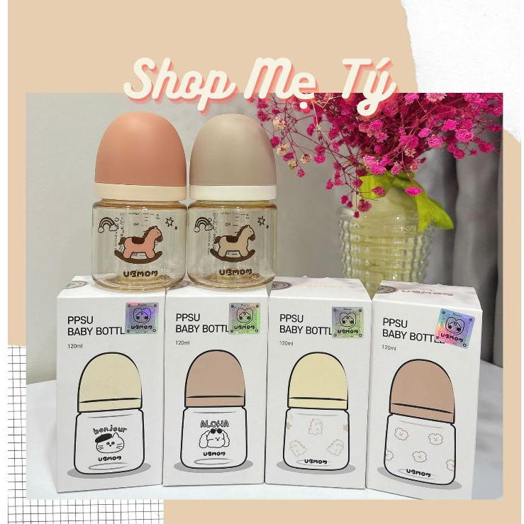 (Minisize) Bình sữa Ubmom Newborn Tiny 120ml Cún xù Khủng long Aloha Bonjour Ngựa cho bé sơ sinh