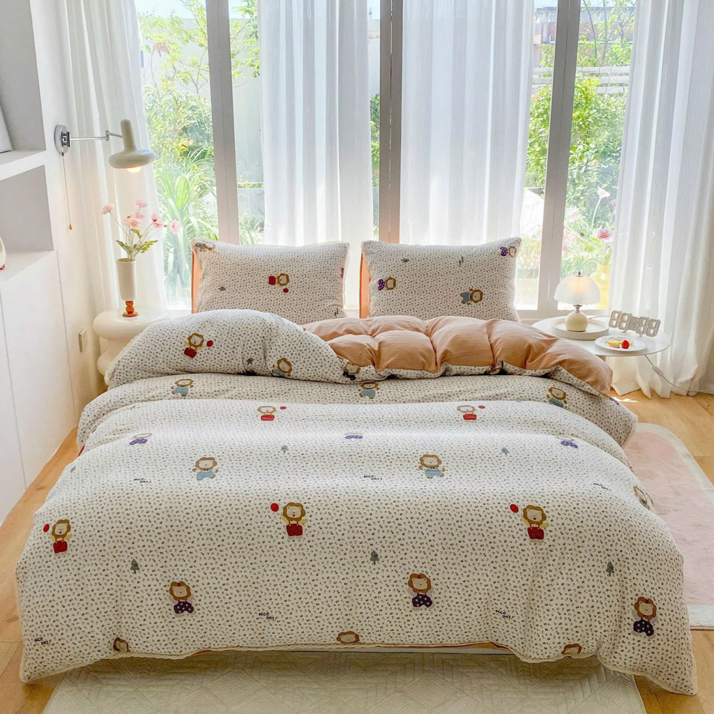 Bộ vỏ chăn ga gối Cotton Muslin bán lẻ ga gối và vỏ chăn,hoạ tiết vintage hàn quốc,ga bo chun tiện l