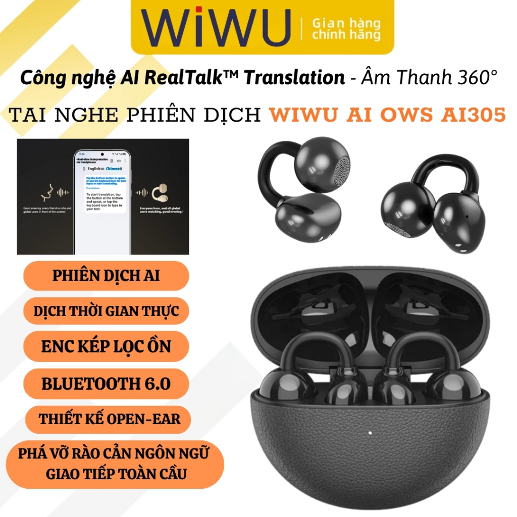 Tai nghe ENC phiên dịch Open-Ear AI RealTalk™ Translation bluetooth 6.0 không dây WIWU OWS Ai305 Dịc
