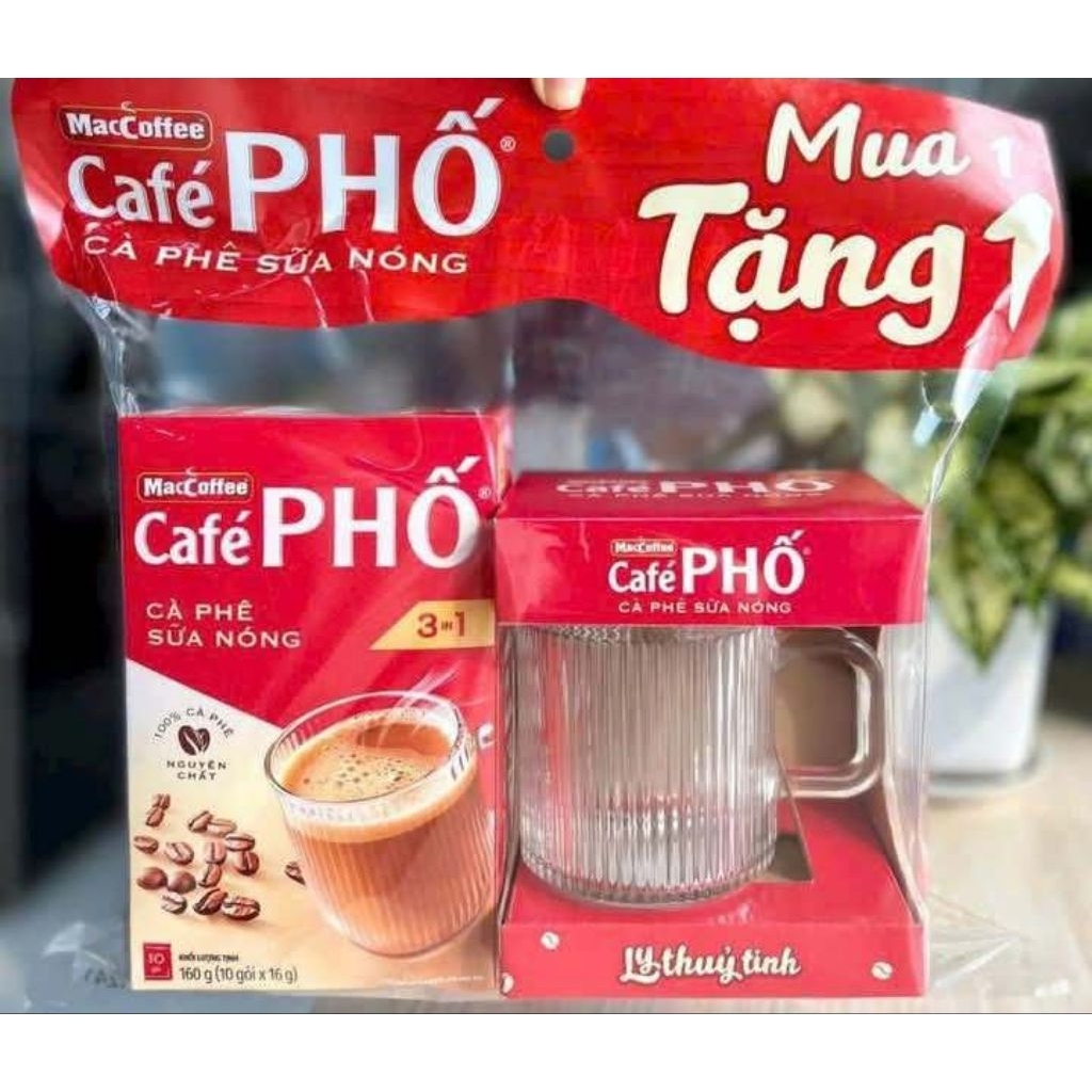 1 THÙNG 36 HỘP CÀ PHÊ PHỐ SỮA NÓNG TẶNG 3 LY THUỶ TINH CÀ PHÊ PHỐ