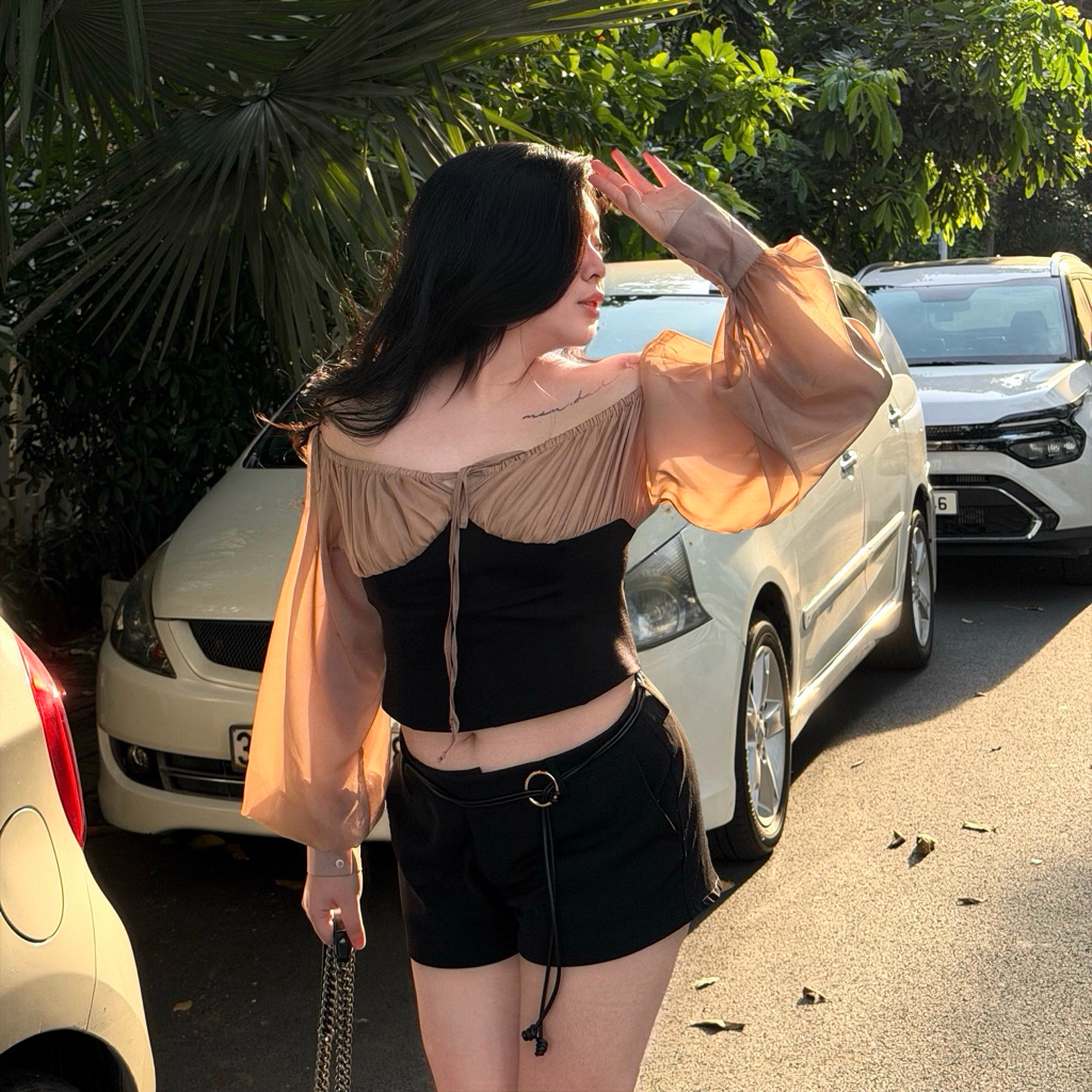 LASSIE BIGSIZE| Áo kiểu trễ vai phối tơ co giãn bigsize 65-85kg NANCY TƠ