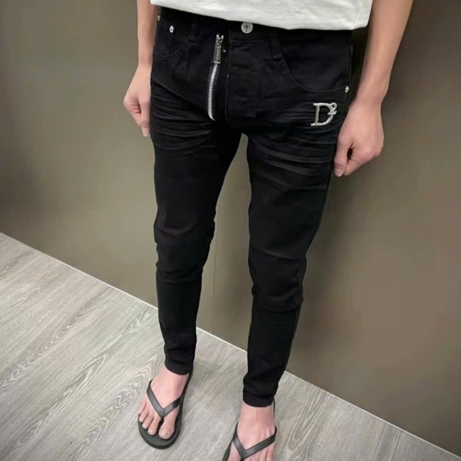 Quần Jean Nam Đen Nhăn Logo Sắt D2 Phối Khóa Kéo Zip Lệch_Quần Bò Nam Đen Luxury Bản Cao Cấp Boy Pho