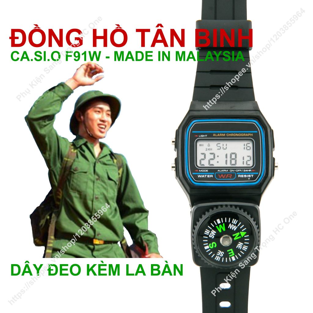 Đồng Hồ Tân Binh F91 Pin 7 Năm, Dây Đeo Kèm La Bàn, Chống Nước Tuyệt Đối, Chuông To Đèn Sáng, Made In Malaysia, 1