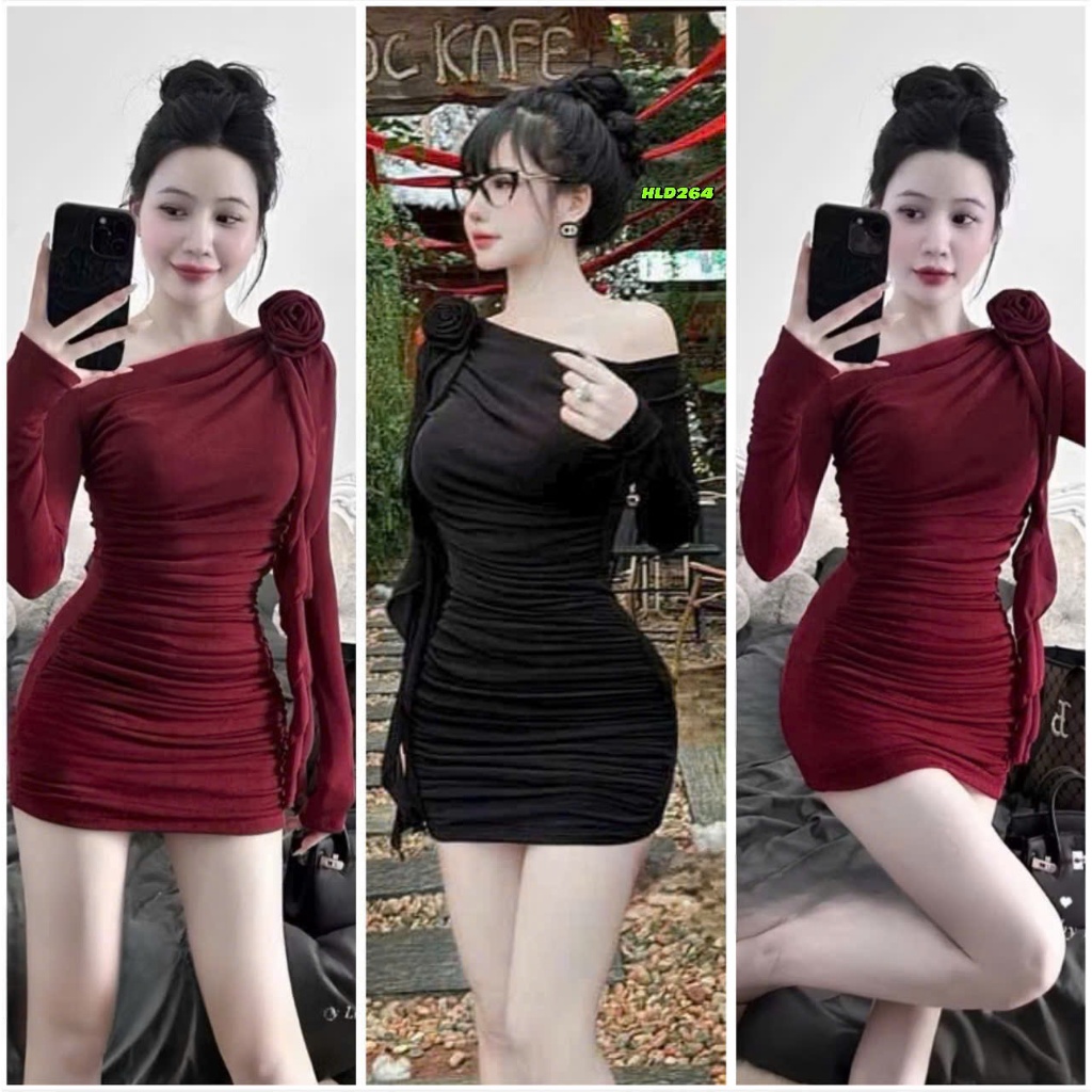 Váy body lệch vai đính hoa hồng Lavie's storess – Đầm ôm nhún eo tay dài quyến rũ dự tiệc