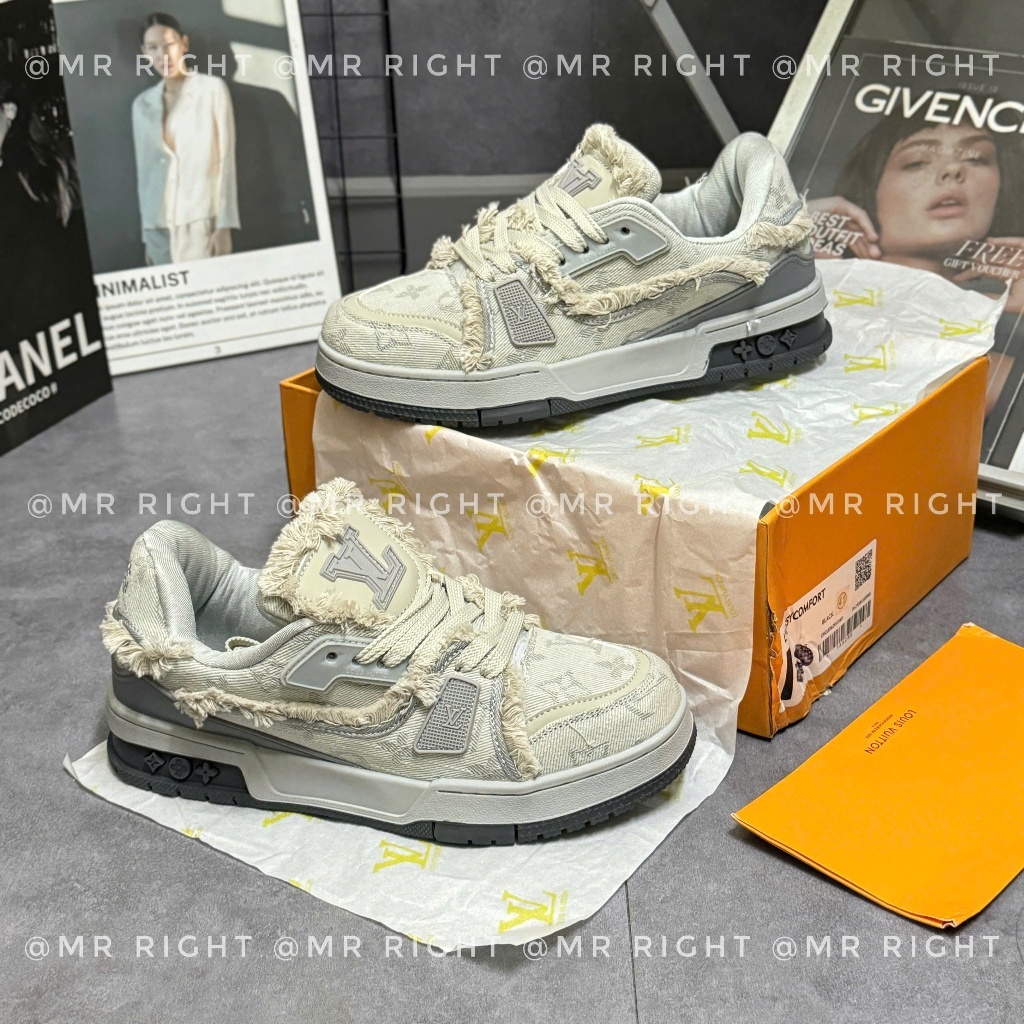 Giày thể thao LV Trainer dập Monogram viền rách tua rua màu xám hot 2024