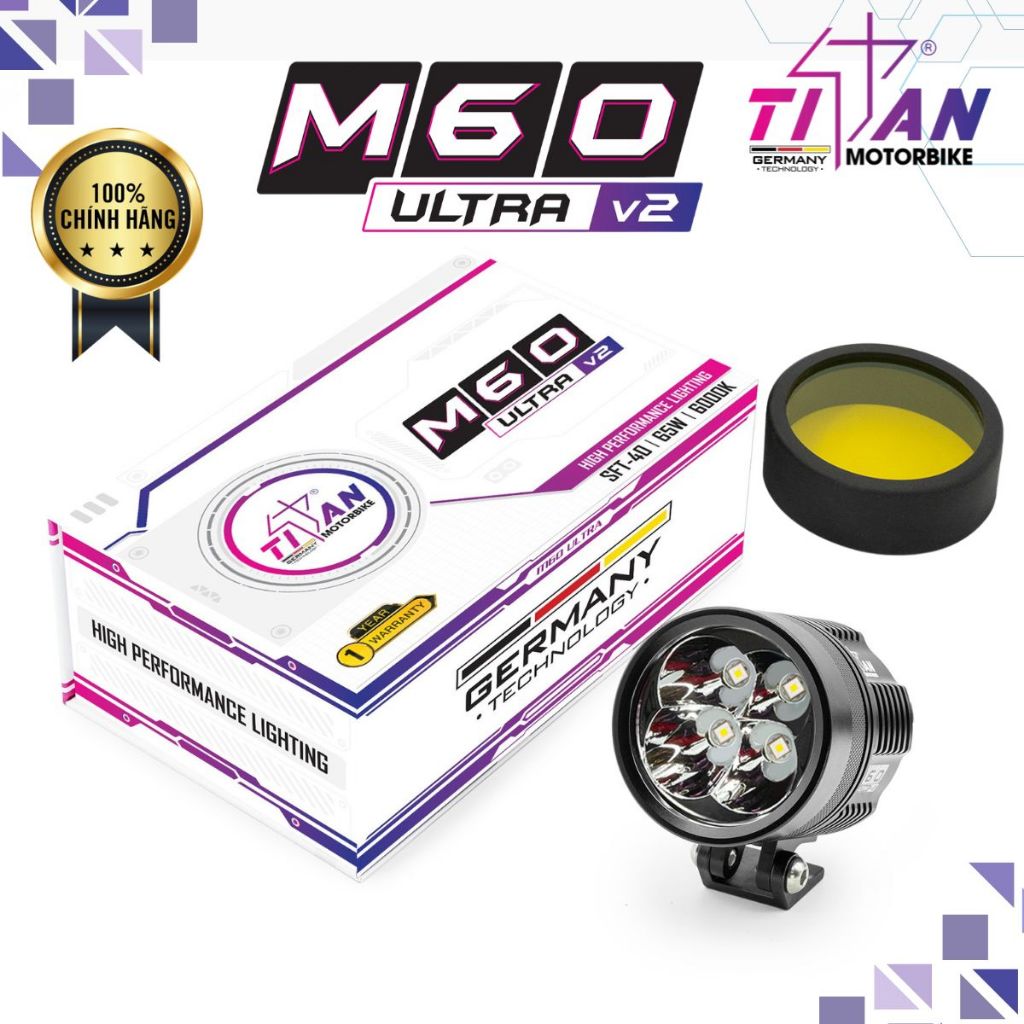 Đèn Trợ Sáng TITAN MOTO M60 ULTRA V2, Công Suất 65W Siêu Sáng, Ánh Sáng Gom Tỏa Đều - Bảo Hành 1 Năm