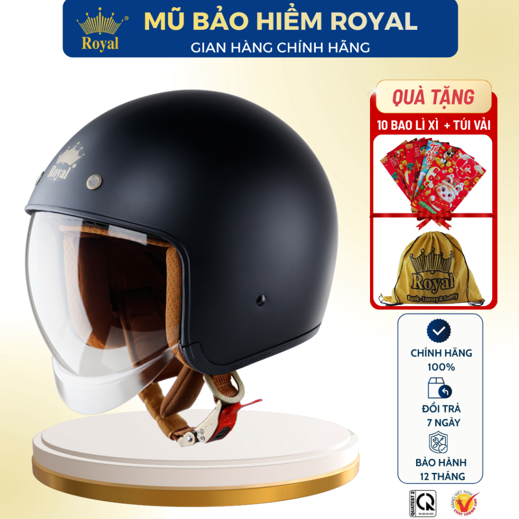 Mũ Bảo Hiểm Royal 3/4 M139 Chính Hãng Kính Dài Cho Nam Nữ Chống Nắng Mưa, Mũ Bảo Hiểm 3/4 Royal Kính