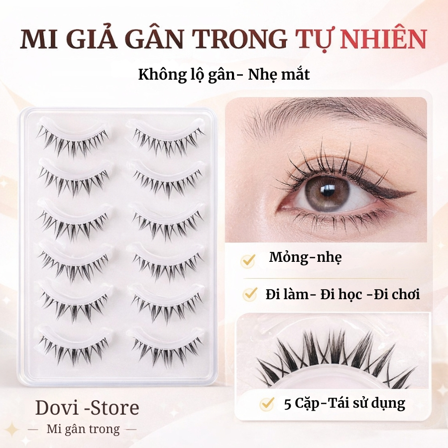 Lông Mi Giả Gân Trong Tự Nhiên – Mi Mỏng Nhẹ, 5 Cặp, Tái Sử Dụng Nhiều Lần