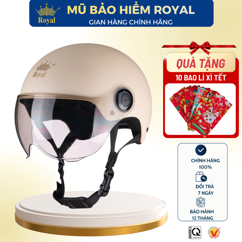 Mũ Bảo Hiểm Royal Có Kính M162K Chính Hãng Hợp Nam Nữ, Nón Bảo Hiểm 1/2 Royal Bảo Hành 12 Tháng