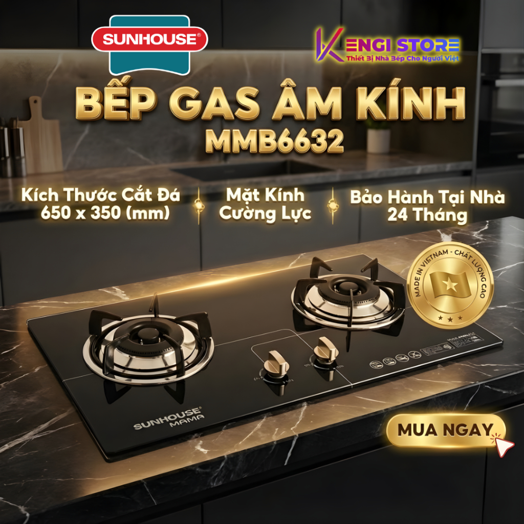 [Sunhouse Chính Hãng] Bếp Ga Âm Kính Cao Cấp Sunhouse Mama MMB6632 - Bảo Hành 24 Tháng Toàn Quốc