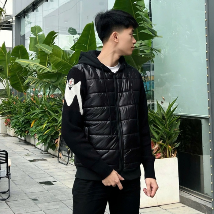Áo Khoác Phao Mon Cờ Lê Đen Mix Tay Len Chữ M Thêu Logo Có Chip Cao Cấp Dày Dặn 2 Lớp Mặc Đẹp Giữ Ấm Tốt