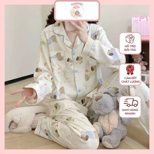 Bộ đồ ngủ nữ pijama cún dễ thương tay dài quần dài – Pijama cotton mềm mịn