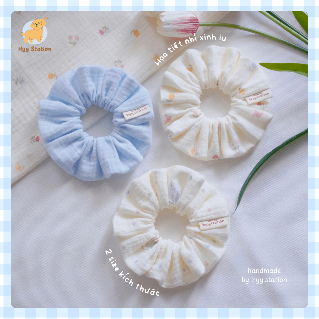 Scrunchies Dây Buộc Tóc Vải Xô Muslin Mềm Mại Họa Tiết Mùa Xuân Vui Vẻ Handmade by Hyy Station