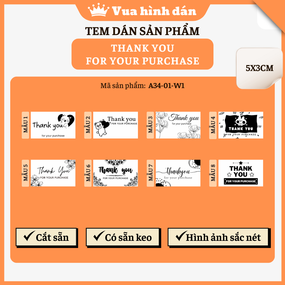 Set 50/100 sticker THANK YOU FOR YOUR PURCHASE (5x3cm) - Tem dán đơn hàng, Tem dán cảm ơn khách dành