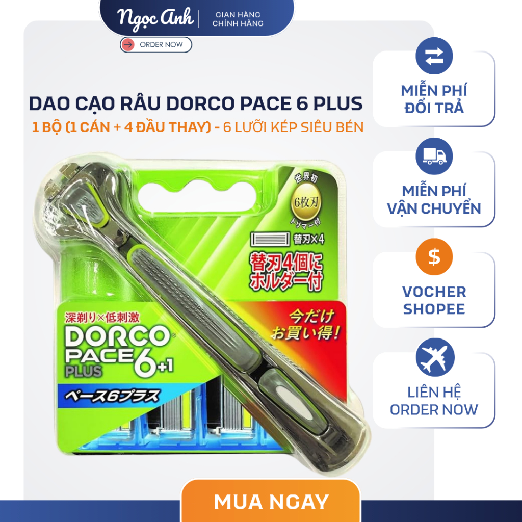 Dao Cạo Râu DORCO PACE 6 PLUS (1 Cán + 4 Đầu Thay) – 6 Lưỡi Kép Siêu Bén, Cạo Sát Êm Da, Hàng Nội Đị