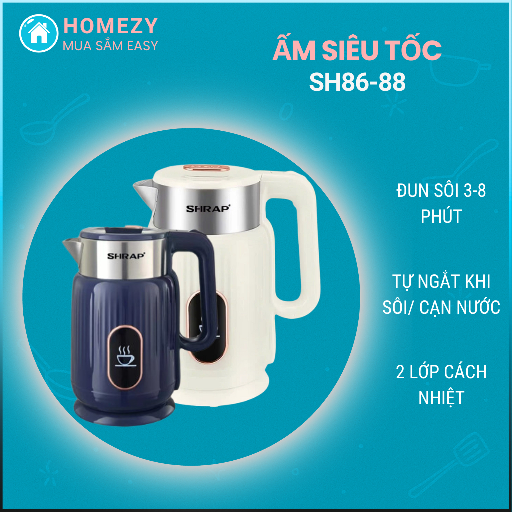 Ấm Siêu Tốc Shrap 2.2L 1500W - Tự Ngắt Điện, 2 Lớp Cách Nhiệt An Toàn, Đun Nước Nhanh
