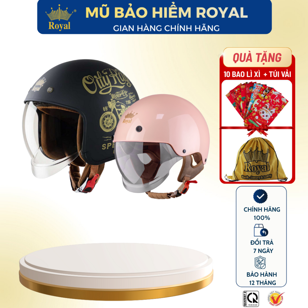Mũ Bảo Hiểm 3/4 Royal M139 Kính Âm Chính Hãng, Nón Bảo Hiểm M239 Royal Có Kính 1/2 Nam Nữ BH 12 Thán
