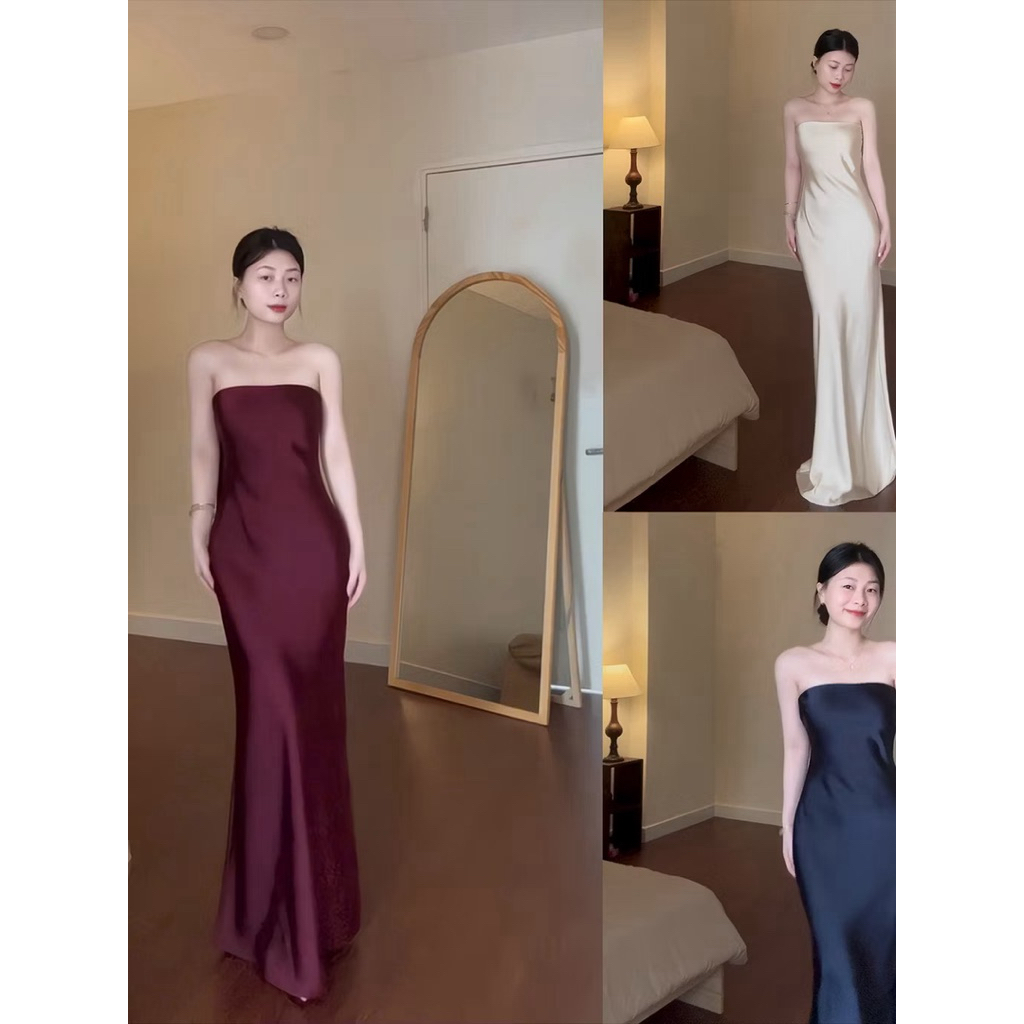 Đầm Lụa Cúp Ngực form dài dự tiệc, Váy lụa Hàn châu cao cấp sang chảnh tôn dáng gợi cảm - Lyc Fashio