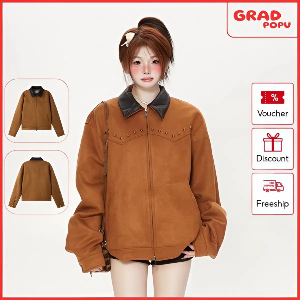 Áo khoác GRADPOPU bằng da lộn cổ bẻ phối màu dáng rộng kiểu Hồng Kông sang trọng dành cho nữ AK308