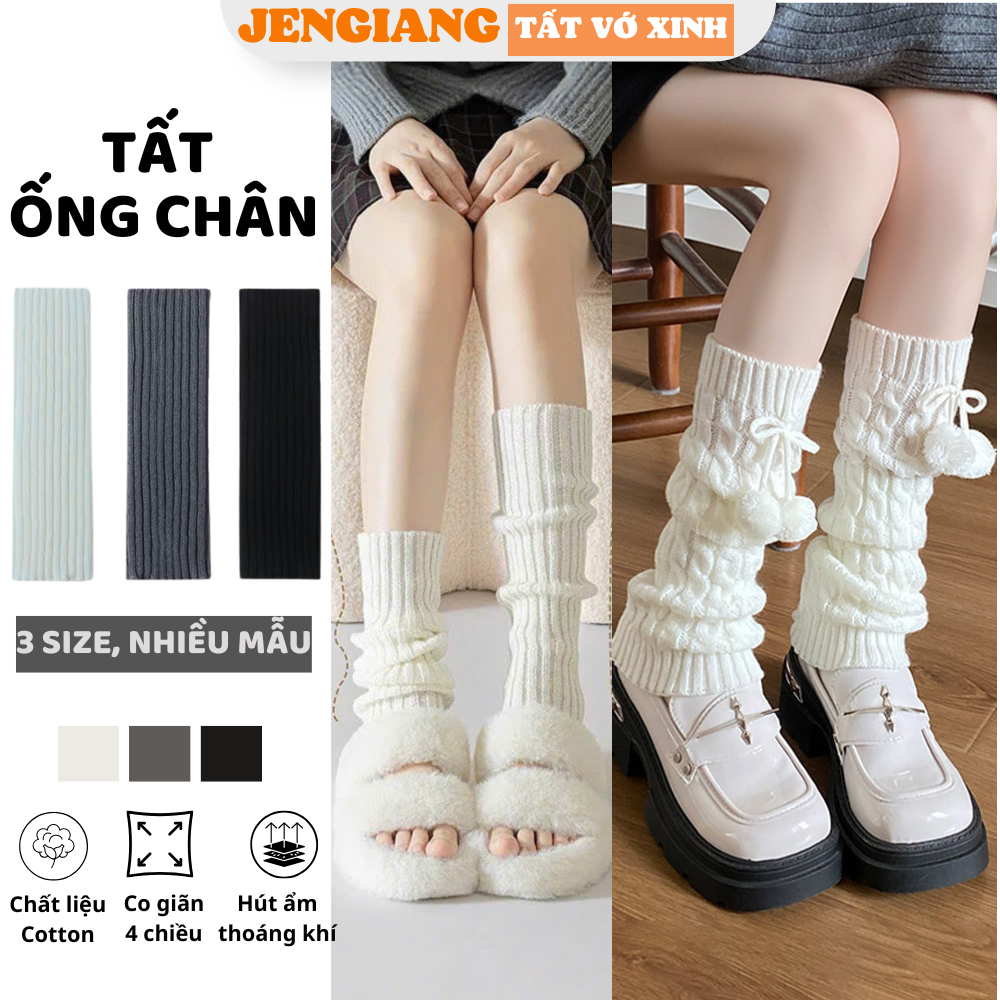 Tất ống chân dệt kim đen trắng giữ ấm chân mùa đông phong cách y2k Jengiang Lolita Nhật Bản